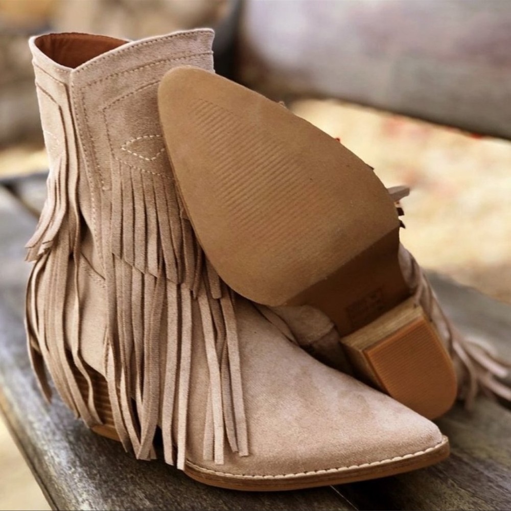 New Boho Faux Suede Taupe Fringed Block Heel Booties - Picture 6 of 9